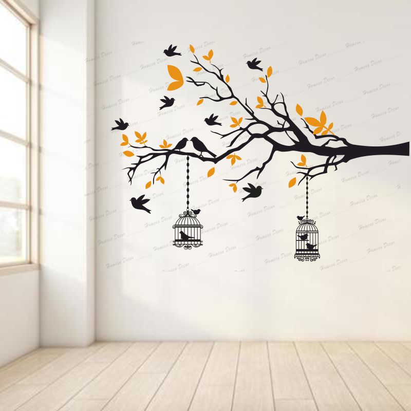 Homexa Decor | Branches With Birds and With Hanging Cages Design Wall Sticker (Size 117 X 85 cm)