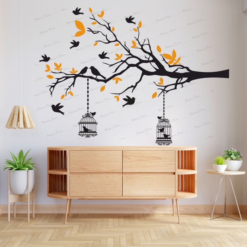 Homexa Decor | Branches With Birds and With Hanging Cages Design Wall Sticker (Size 117 X 85 cm)