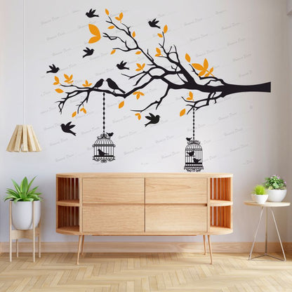 Homexa Decor | Branches With Birds and With Hanging Cages Design Wall Sticker (Size 117 X 85 cm)