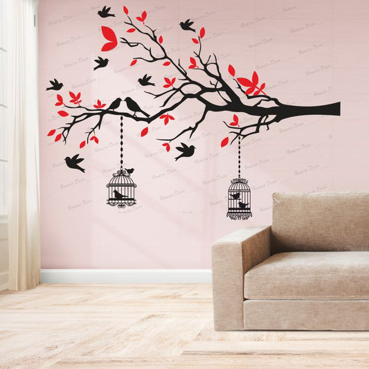 Homexa Decor | Branches With Birds and With Hanging Cages Design Wall Sticker (Size 117 X 85 cm)