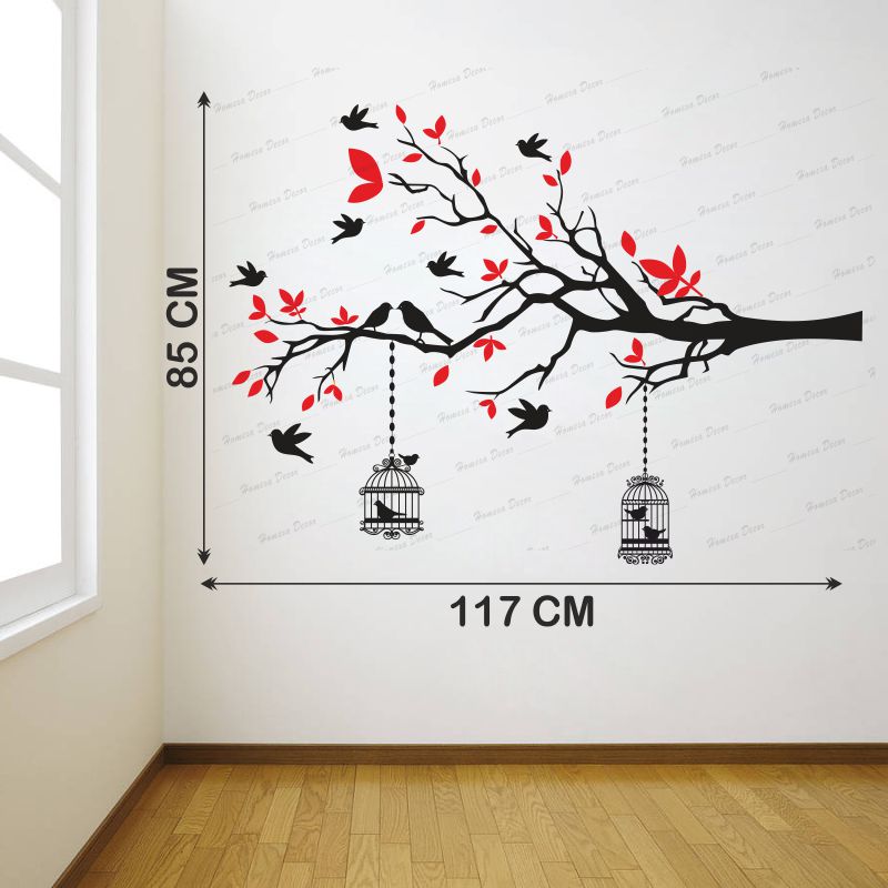 Homexa Decor | Branches With Birds and With Hanging Cages Design Wall Sticker (Size 117 X 85 cm)