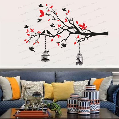 Homexa Decor | Branches With Birds and With Hanging Cages Design Wall Sticker (Size 117 X 85 cm)