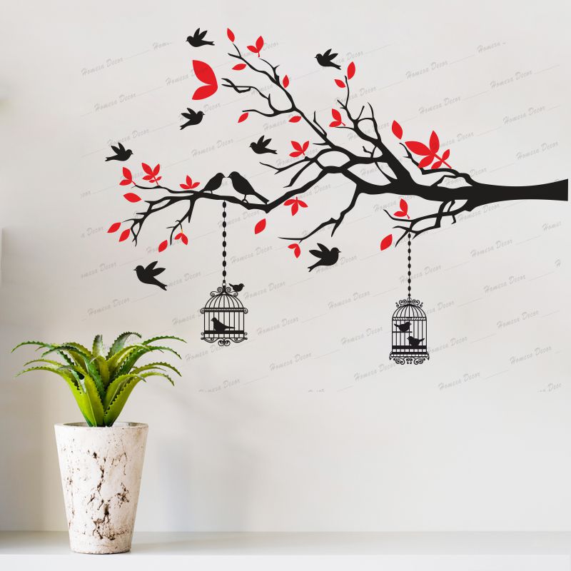 Homexa Decor | Branches With Birds and With Hanging Cages Design Wall Sticker (Size 117 X 85 cm)