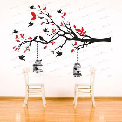 Homexa Decor | Branches With Birds and With Hanging Cages Design Wall Sticker (Size 117 X 85 cm)