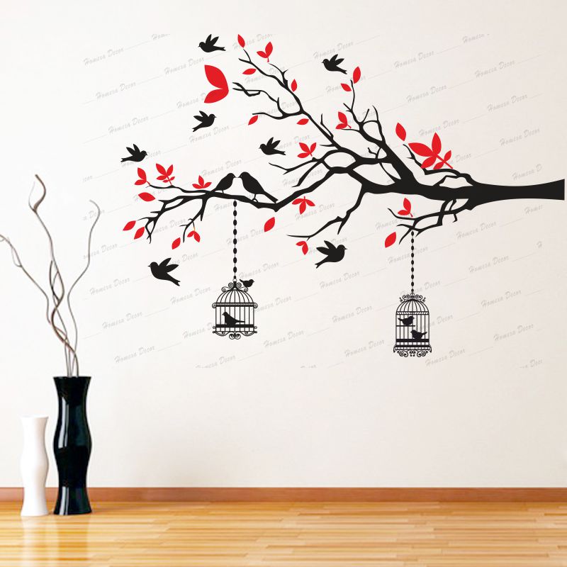 Homexa Decor | Branches With Birds and With Hanging Cages Design Wall Sticker (Size 117 X 85 cm)