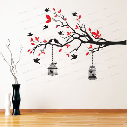 Homexa Decor | Branches With Birds and With Hanging Cages Design Wall Sticker (Size 117 X 85 cm)