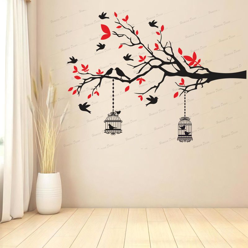 Homexa Decor | Branches With Birds and With Hanging Cages Design Wall Sticker (Size 117 X 85 cm)