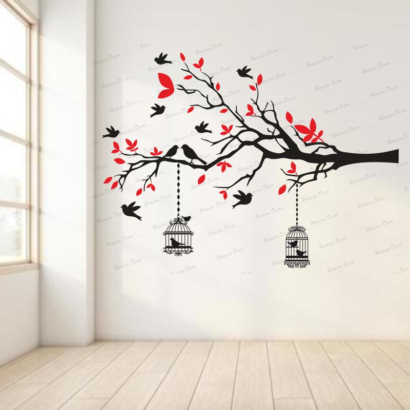 Homexa Decor | Branches With Birds and With Hanging Cages Design Wall Sticker (Size 117 X 85 cm)