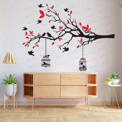 Homexa Decor | Branches With Birds and With Hanging Cages Design Wall Sticker (Size 117 X 85 cm)