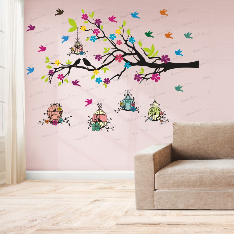 Homexa Decor | Branches With Birds and Flower With Hanging Cages Design Wall Sticker (Size 117 X 85 cm)