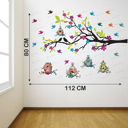 Homexa Decor | Branches With Birds and Flower With Hanging Cages Design Wall Sticker (Size 117 X 85 cm)