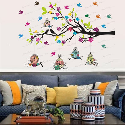 Homexa Decor | Branches With Birds and Flower With Hanging Cages Design Wall Sticker (Size 117 X 85 cm)