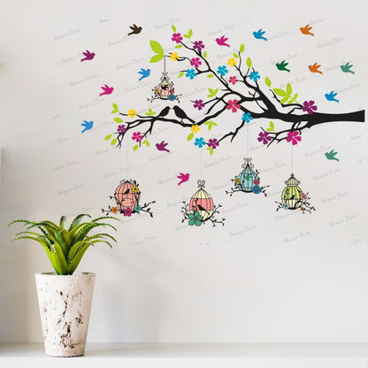 Homexa Decor | Branches With Birds and Flower With Hanging Cages Design Wall Sticker (Size 117 X 85 cm)