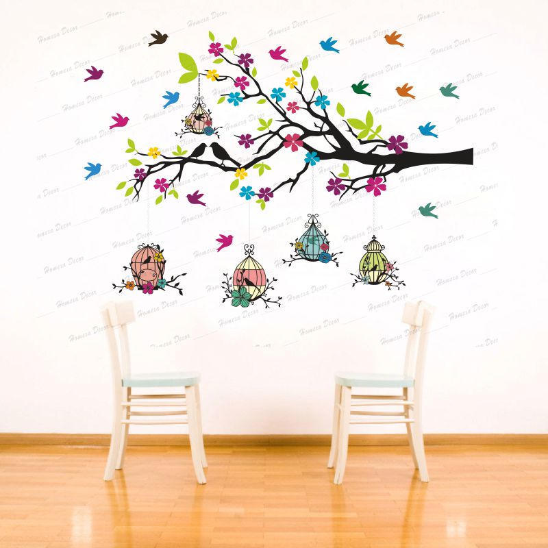 Homexa Decor | Branches With Birds and Flower With Hanging Cages Design Wall Sticker (Size 117 X 85 cm)