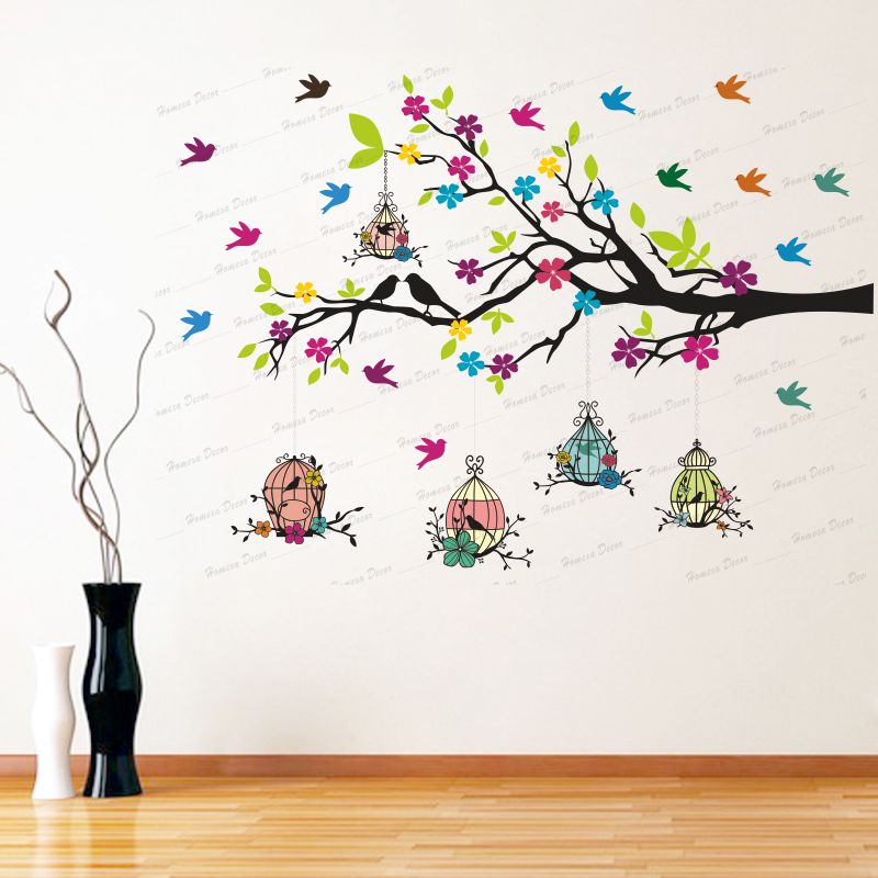 Homexa Decor | Branches With Birds and Flower With Hanging Cages Design Wall Sticker (Size 117 X 85 cm)