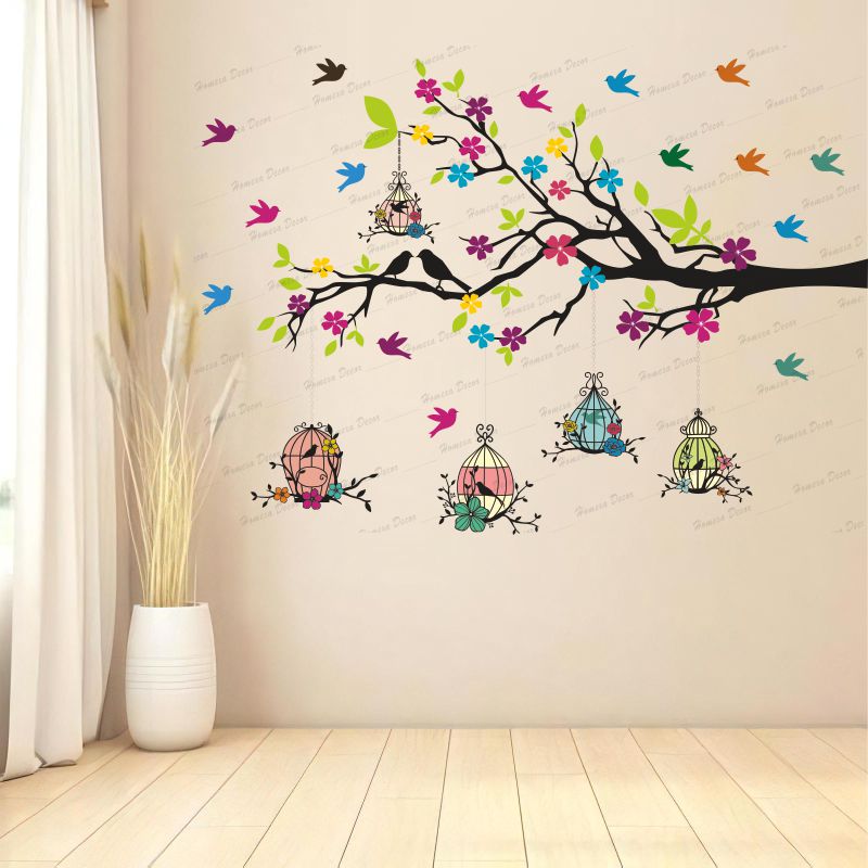 Homexa Decor | Branches With Birds and Flower With Hanging Cages Design Wall Sticker (Size 117 X 85 cm)