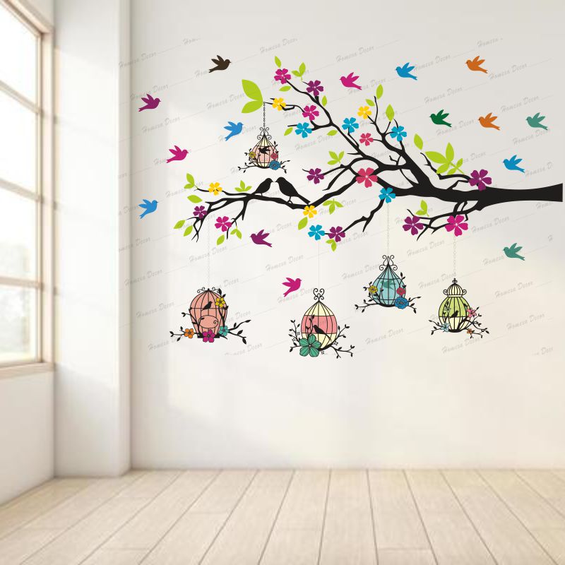 Homexa Decor | Branches With Birds and Flower With Hanging Cages Design Wall Sticker (Size 117 X 85 cm)