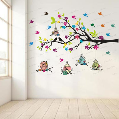 Homexa Decor | Branches With Birds and Flower With Hanging Cages Design Wall Sticker (Size 117 X 85 cm)