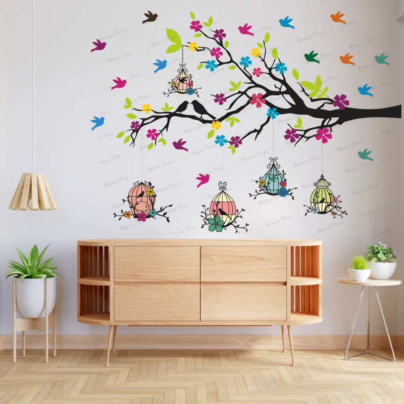 Homexa Decor | Branches With Birds and Flower With Hanging Cages Design Wall Sticker (Size 117 X 85 cm)