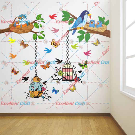 Delight Art Beautiful Butterfly-Birds-Tree-Hanging Cages Design Wall Sticker Size - ( 96 X 79 ) Cm