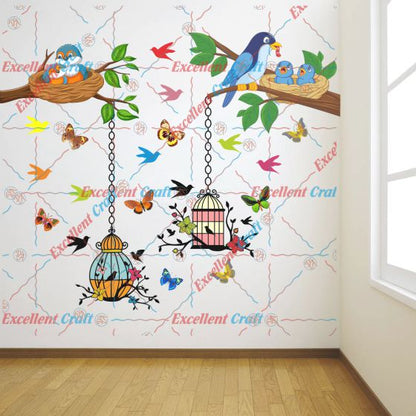 Delight Art Beautiful Butterfly-Birds-Tree-Hanging Cages Design Wall Sticker Size - ( 96 X 79 ) Cm