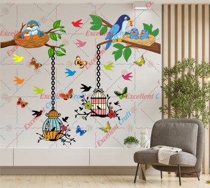 Delight Art Beautiful Butterfly-Birds-Tree-Hanging Cages Design Wall Sticker Size - ( 96 X 79 ) Cm