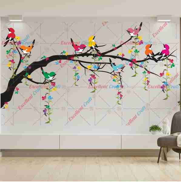 Delight Art Tree with Birds Design Flower Leaf Wall Sticker Size - ( 101 x 58 ) cm