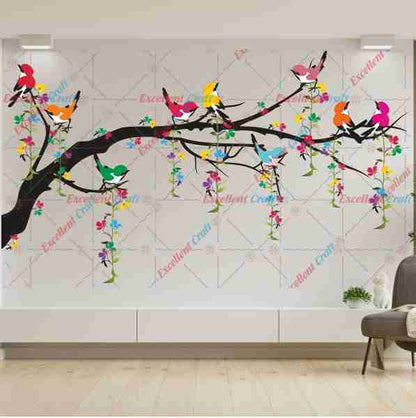 Delight Art Tree with Birds Design Flower Leaf Wall Sticker Size - ( 101 x 58 ) cm