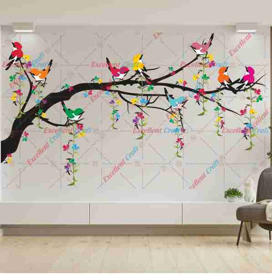 Delight Art Tree with Birds Design Flower Leaf Wall Sticker Size - ( 101 x 58 ) cm