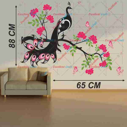 Delight Art Tree With Peacock Flower and Butterfly Design Wall Sticker Size - ( 88 x 65 ) cm