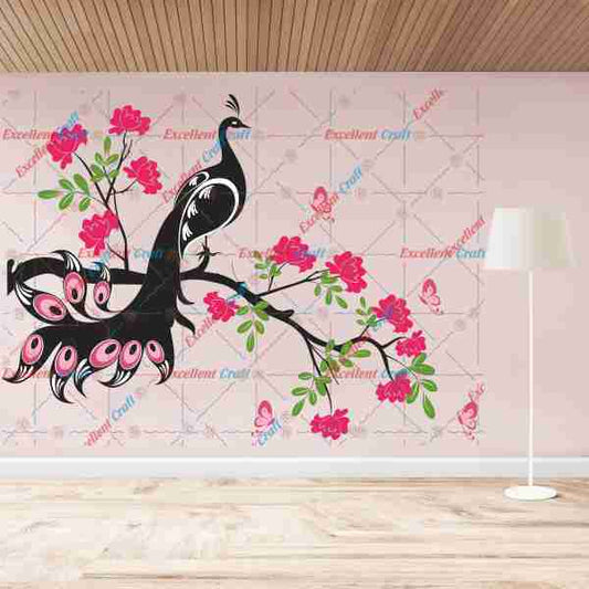Delight Art Tree With Peacock Flower and Butterfly Design Wall Sticker Size - ( 88 x 65 ) cm