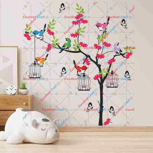 Homexa Decor Tree With Flower Birds Hanging cages Butterfly Design Wall Sticker Size - ( 105 x 115 ) Cm