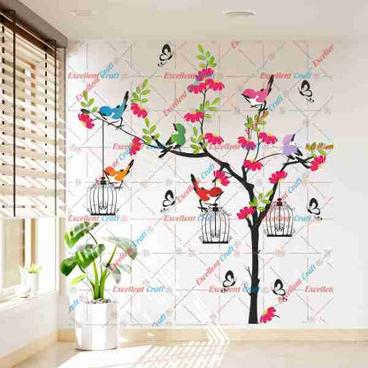 Homexa Decor Tree With Flower Birds Hanging cages Butterfly Design Wall Sticker Size - ( 105 x 115 ) Cm
