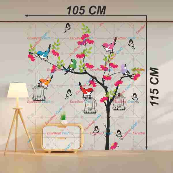 Homexa Decor Tree With Flower Birds Hanging cages Butterfly Design Wall Sticker Size - ( 105 x 115 ) Cm