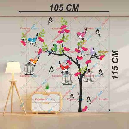 Homexa Decor Tree With Flower Birds Hanging cages Butterfly Design Wall Sticker Size - ( 105 x 115 ) Cm