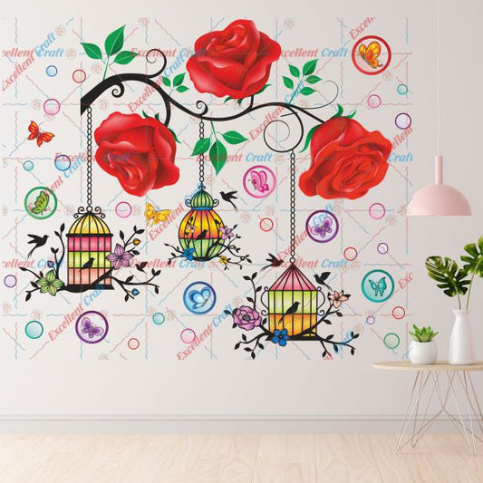Homexa Decor  Rose,Leaf,Butterflies,Hanging Cages Design Wall Sticker Size - ( 85 x 70 ) Cm