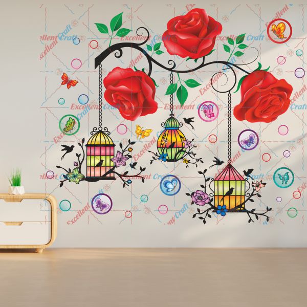 Homexa Decor  Rose,Leaf,Butterflies,Hanging Cages Design Wall Sticker Size - ( 85 x 70 ) Cm