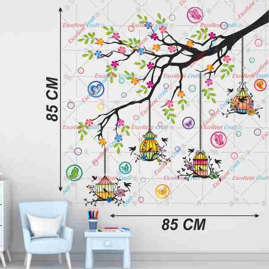 Homexa Decor Tree,Flower,Leaf,Butterflies,Hanging Cages Design Wall Sticker Size - ( 85 x 85 ) Cm