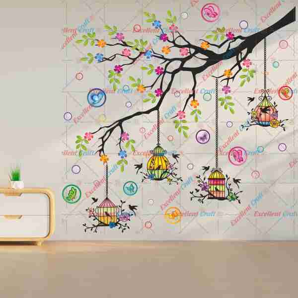 Homexa Decor Tree,Flower,Leaf,Butterflies,Hanging Cages Design Wall Sticker Size - ( 85 x 85 ) Cm