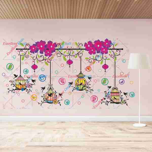 Homexa Decor Chinese Lamp-Flower-Butterflies-Cages-Birds Design Wall Sticker Size - ( 97 x 48 ) Cm
