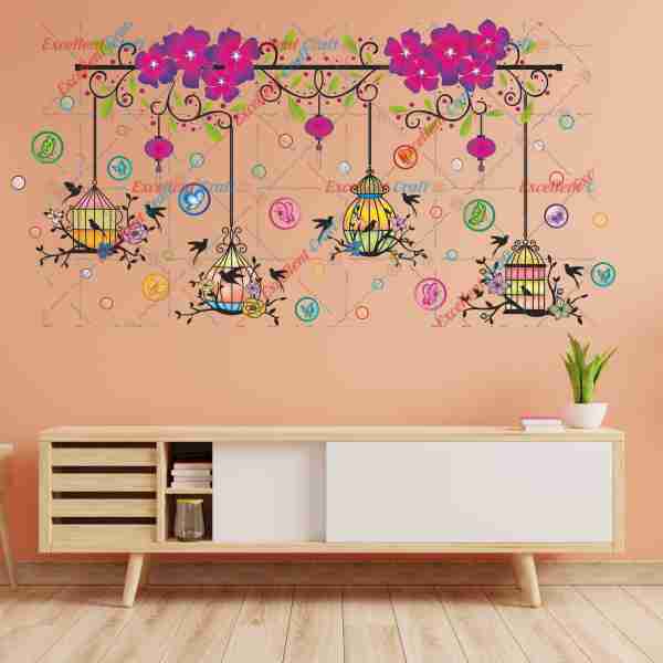 Homexa Decor Chinese Lamp-Flower-Butterflies-Cages-Birds Design Wall Sticker Size - ( 97 x 48 ) Cm