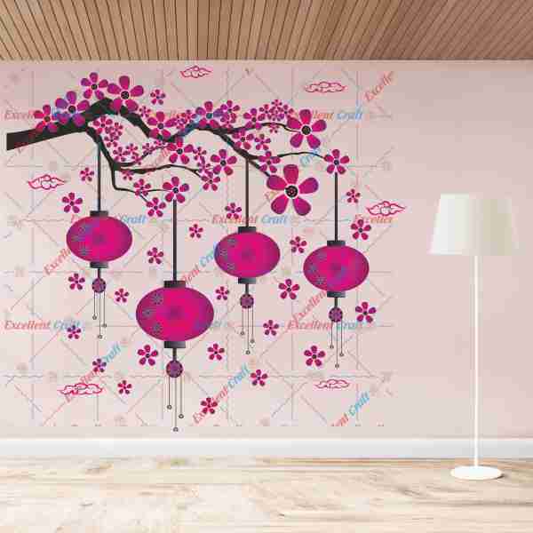 Homexa Decor Chinese Lamp-Branches-Flowers-Clouds Design Wall Sticker Size - ( 70 x 77 ) Cm