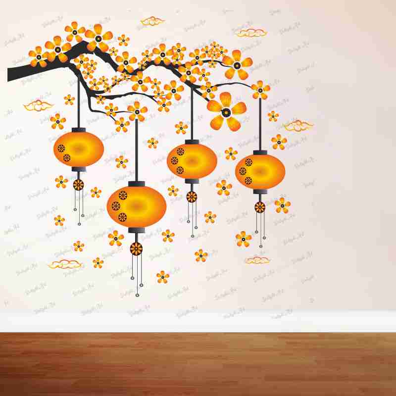 Homexa Decor | Chinese Lamp Branches Flowers Clouds Design Wall Sticker (Size 70 x 77 cm)