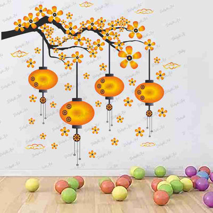 Homexa Decor | Chinese Lamp Branches Flowers Clouds Design Wall Sticker (Size 70 x 77 cm)