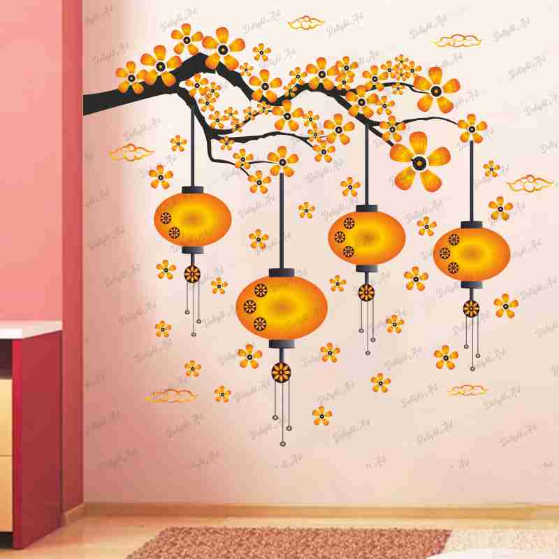 Homexa Decor | Chinese Lamp Branches Flowers Clouds Design Wall Sticker (Size 70 x 77 cm)