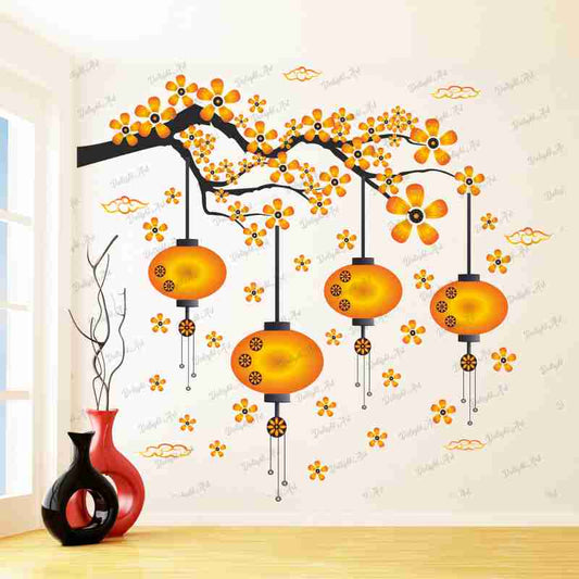 Homexa Decor | Chinese Lamp Branches Flowers Clouds Design Wall Sticker (Size 70 x 77 cm)