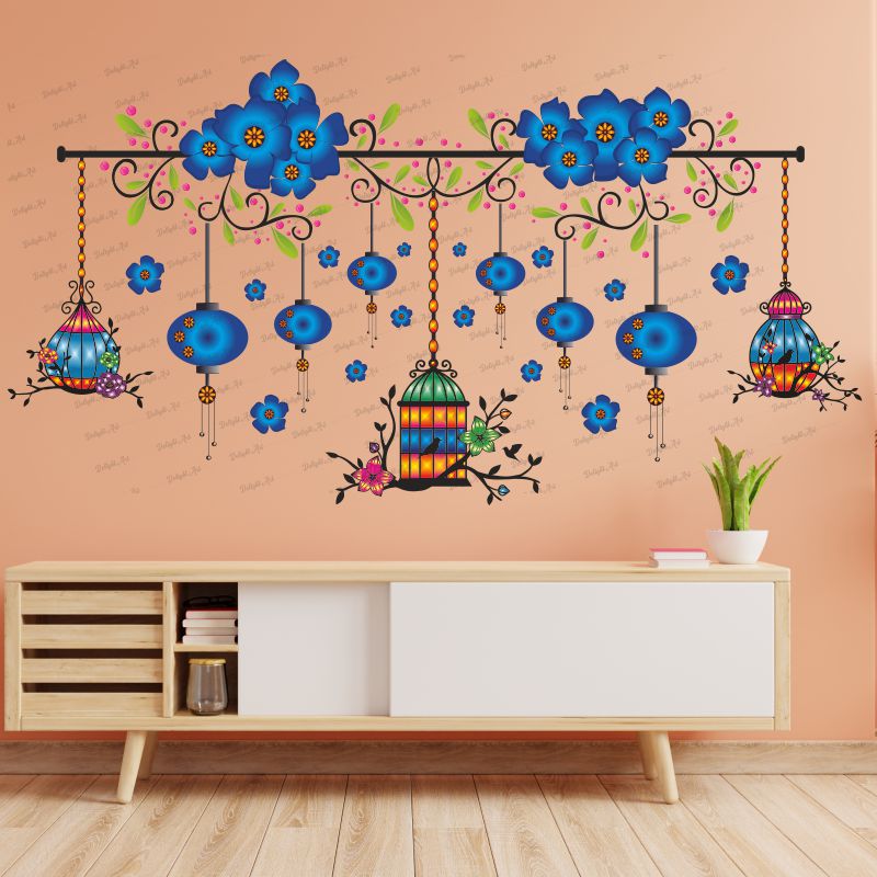 Homexa Decor | Chinese Lamp With Hanging Cages For Flower Design Wall Sticker (Size 104 x 55 cm)