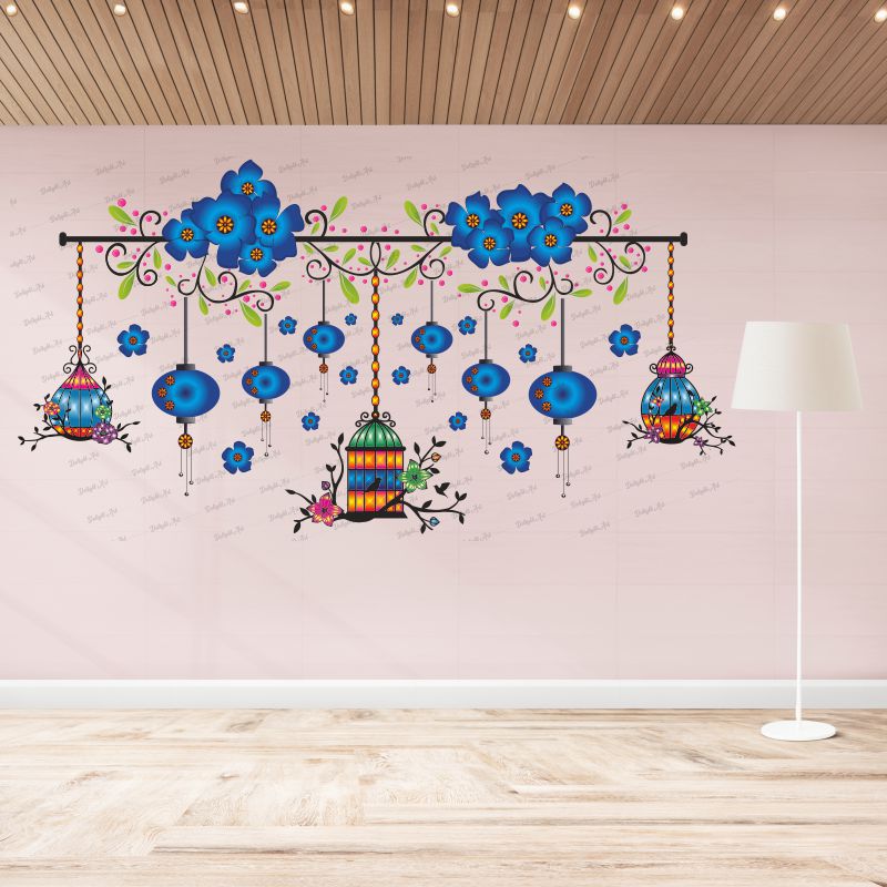 Homexa Decor | Chinese Lamp With Hanging Cages For Flower Design Wall Sticker (Size 104 x 55 cm)