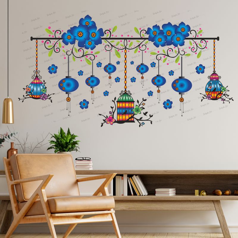 Homexa Decor | Chinese Lamp With Hanging Cages For Flower Design Wall Sticker (Size 104 x 55 cm)