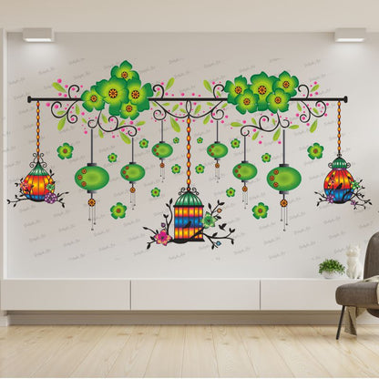 Homexa Decor | Chinese Lamp With Hanging Cages For Flower Design Wall Sticker (Size 104 x 55 cm)